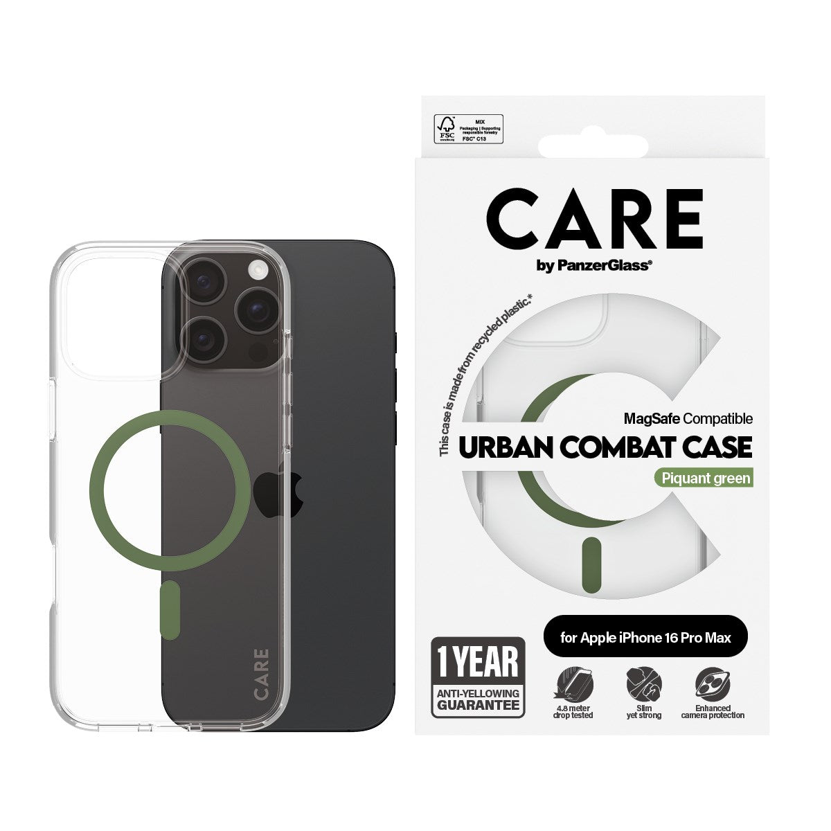 CARE by PanzerGlass® Urban Combat Case Transparent m. Grøn MagSafe iPhone 16 Pro Max
